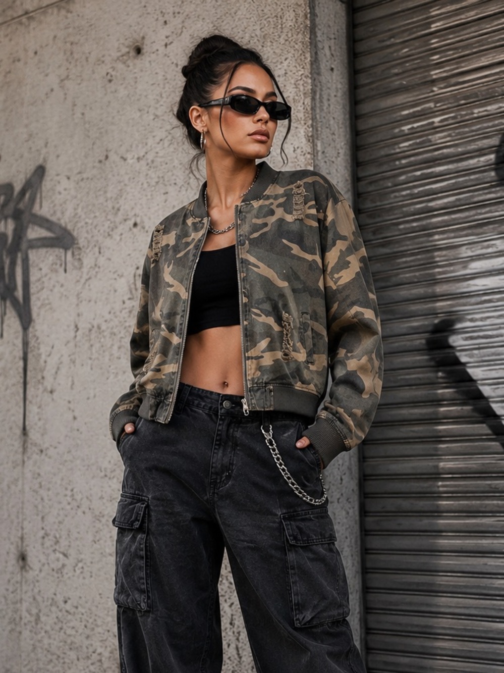 Camo Distressed Cropped Bomber Jacket Streetwear Y2K 100% Cotton Style Piece